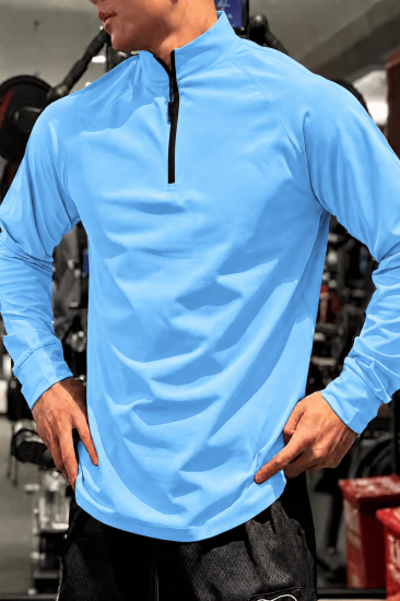 Erkek Yarım Fermuarlı Compression Uzun Kol Spor Tişört ve Fitness Tişörtü DALGIÇ-UZUN-Mavi