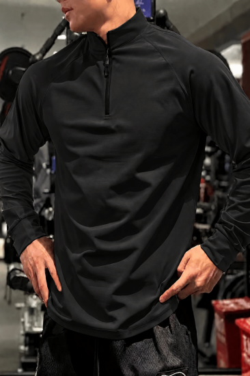 Erkek Yarım Fermuarlı Compression Uzun Kol Spor Tişört ve Fitness Tişörtü DALGIÇ-UZUN-Siyah