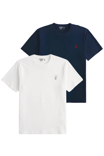Erkek Siyah Tişört %100 Pamuk Süprem Basic Tişört Bisiklet Yaka Nakışlı T-shirt ERKEK-2Lİ-BEYAZ-LACİVERT