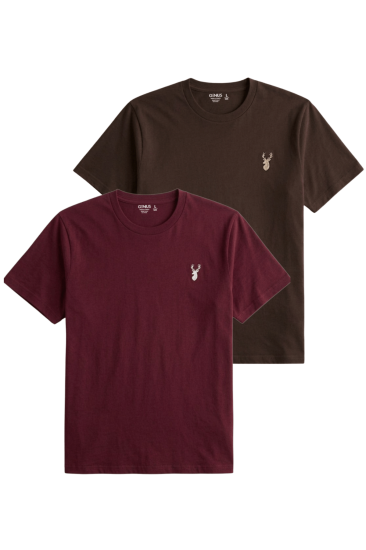 Erkek Siyah Tişört %100 Pamuk Süprem Basic Tişört Bisiklet Yaka Nakışlı T-shirt ERKEK-2Lİ-BORDO-KAHVERENGİ