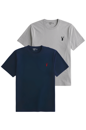 Erkek Siyah Tişört %100 Pamuk Süprem Basic Tişört Bisiklet Yaka Nakışlı T-shirt ERKEK-2Lİ-LACİVERT-GRİ