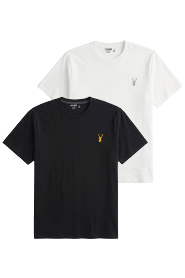 Erkek Siyah Tişört %100 Pamuk Süprem Basic Tişört Bisiklet Yaka Nakışlı T-shirt ERKEK-2Lİ