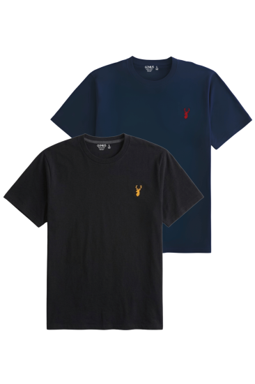 Erkek Siyah Tişört %100 Pamuk Süprem Basic Tişört Bisiklet Yaka Nakışlı T-shirt ERKEK-2Lİ-SİYAH-LACİVERT