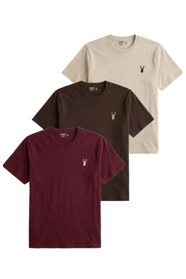 Erkek Siyah Tişört %100 Pamuk Süprem Basic Tişört Bisiklet Yaka Nakışlı T-shirt ERKEK-3LÜ-BORDO-KAHVERENGİ-BEJ