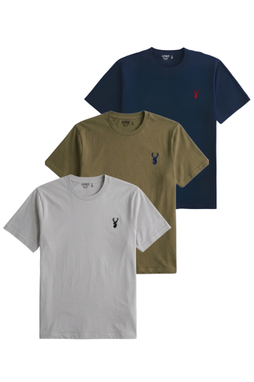 Erkek Siyah Tişört %100 Pamuk Süprem Basic Tişört Bisiklet Yaka Nakışlı T-shirt ERKEK-3LÜ-GRİ-HAKİ-LACİVERT