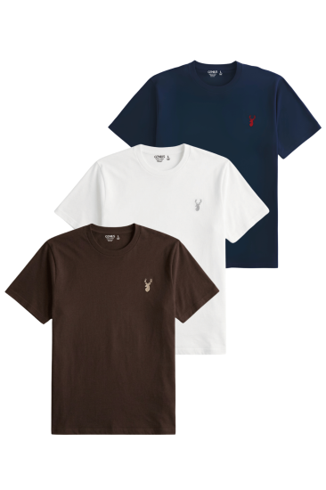 Erkek Siyah Tişört %100 Pamuk Süprem Basic Tişört Bisiklet Yaka Nakışlı T-shirt ERKEK-3LÜ-KAHVERENGİ-BEYAZ-LACİVERT