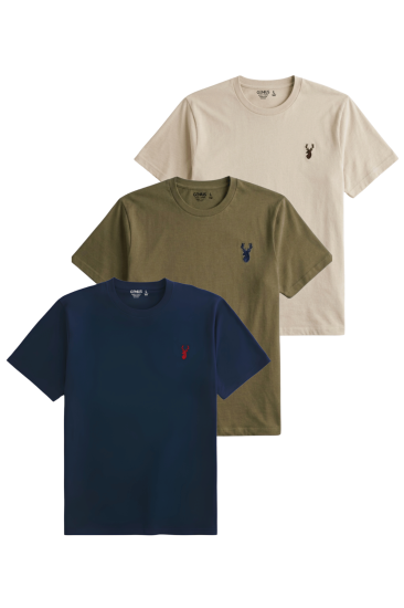 Erkek Siyah Tişört %100 Pamuk Süprem Basic Tişört Bisiklet Yaka Nakışlı T-shirt ERKEK-3LÜ-LACİVERT-HAKİ-BEJ