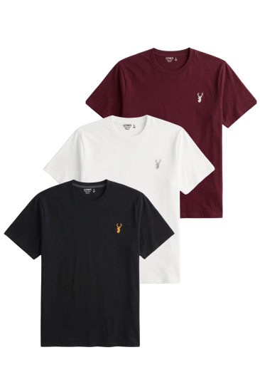 Erkek Siyah Tişört %100 Pamuk Süprem Basic Tişört Bisiklet Yaka Nakışlı T-shirt ERKEK-3LÜ-SİYAH-BEYAZ-BORDO