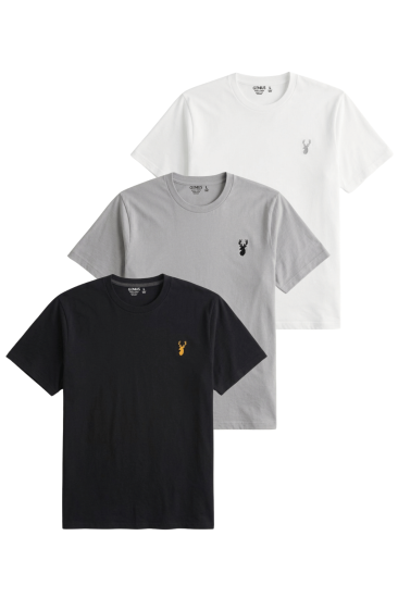 Erkek Siyah Tişört %100 Pamuk Süprem Basic Tişört Bisiklet Yaka Nakışlı T-shirt ERKEK-3LÜ