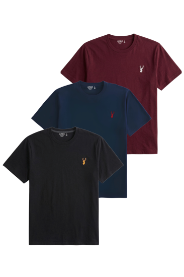 Erkek Siyah Tişört %100 Pamuk Süprem Basic Tişört Bisiklet Yaka Nakışlı T-shirt ERKEK-3LÜ-SİYAH-LACİVERT-BORDO