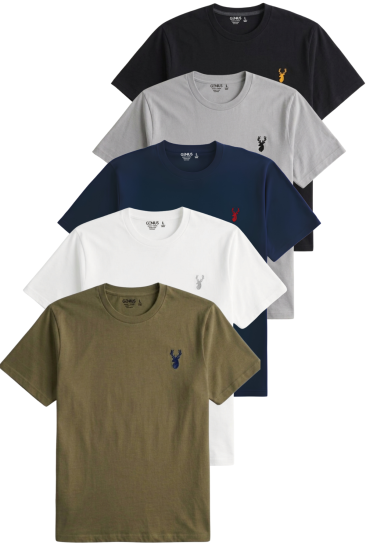 Erkek 5’li Tişört %100 Pamuk Süprem Rahat Kalıp Basic Tişört Bisiklet Yaka Nakışlı T-shirt ERKEK-5Lİ-HAKİ-BEYAZ-LACİVERT-GRİ-SİYAH