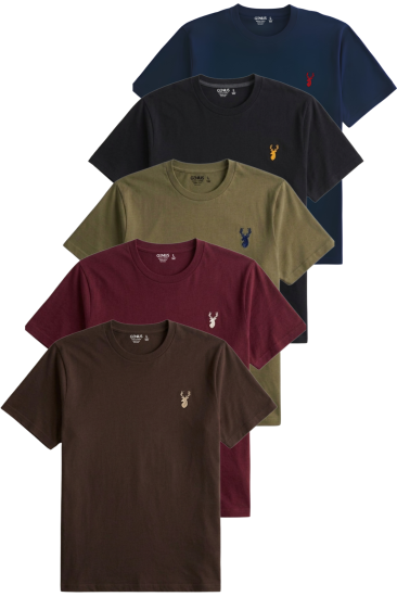 Erkek 5’li Tişört %100 Pamuk Süprem Rahat Kalıp Basic Tişört Bisiklet Yaka Nakışlı T-shirt ERKEK-5Lİ-KAHVERENGİ-BORDO-HAKİ-SİYAH-LACİVERT