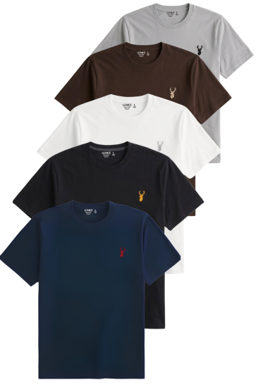 Erkek 5’li Tişört %100 Pamuk Süprem Rahat Kalıp Basic Tişört Bisiklet Yaka Nakışlı T-shirt ERKEK-5Lİ-LACİVERT-SİYAH-BEYAZ-KAHVERENGİ-GRİ