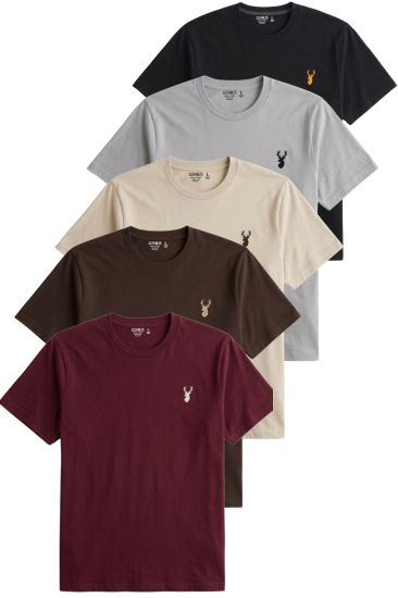 Erkek 5’li Tişört %100 Pamuk Süprem Rahat Kalıp Basic Tişört Bisiklet Yaka Nakışlı T-shirt ERKEK-5Lİ-SİYAH-KAHVE-GRİ-BEJ-BORDO