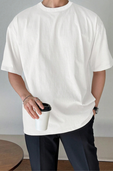 Erkek Oversize Tişört Pamuk Kumaş Bisiklet Yaka Rahat Kalıp T-shirt-Beyaz