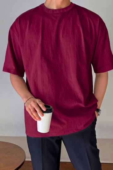 Erkek Oversize Tişört Pamuk Kumaş Bisiklet Yaka Rahat Kalıp T-shirt-Bordo