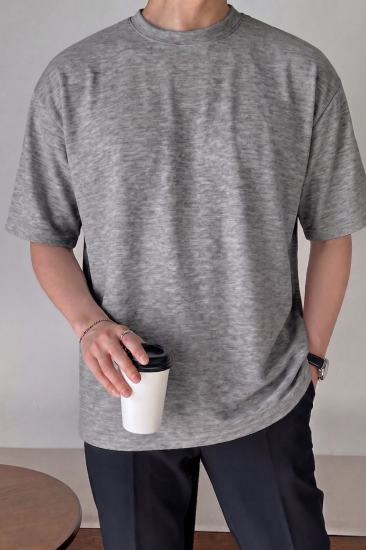 Erkek Oversize Tişört Pamuk Kumaş Bisiklet Yaka Rahat Kalıp T-shirt-Gri Melanj