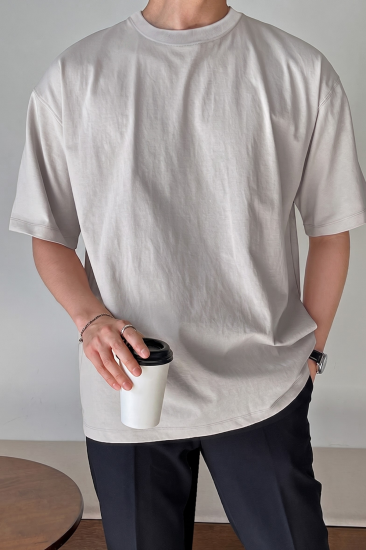Erkek Oversize Tişört Pamuk Kumaş Bisiklet Yaka Rahat Kalıp T-shirt-Gri