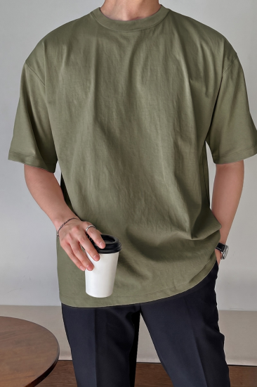 Erkek Oversize Tişört Pamuk Kumaş Bisiklet Yaka Rahat Kalıp T-shirt-Haki