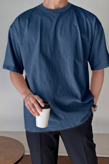 Erkek Oversize Tişört Pamuk Kumaş Bisiklet Yaka Rahat Kalıp T-shirt-İndigo