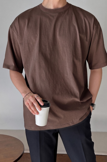 Erkek Oversize Tişört Pamuk Kumaş Bisiklet Yaka Rahat Kalıp T-shirt-Kahverengi