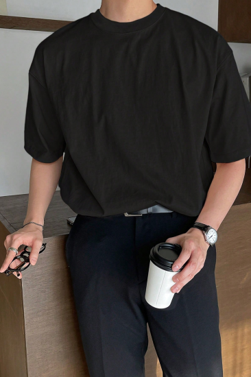Erkek Oversize Tişört Pamuk Kumaş Bisiklet Yaka Rahat Kalıp T-shirt-Siyah