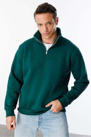 Unisex Sweatshirt Rahat Kesim Pamuklu Içi Polarlı Yarım Fermuarlı Dik Yaka Sweatshirt