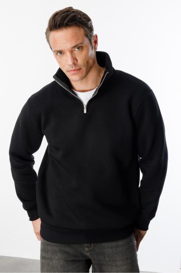 Unisex Sweatshirt Rahat Kesim Pamuklu Içi Polarlı Yarım Fermuarlı Dik Yaka Sweatshirt-SİYAH