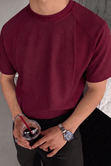 Erkek Tişört Basic Bisiklet Yaka Tişört Rahat Kesim Dökümlü Günlük Spor Tshirt-Bordo
