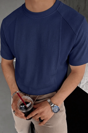 Erkek Tişört Basic Bisiklet Yaka Tişört Rahat Kesim Dökümlü Günlük Spor Tshirt-İndigo