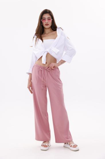 Kadın Pantolon Geniş Paça Pamuklu Viskon Cepli Pantolon Beli Lastikli GENİŞPAÇA-PANTOLON-Pembe