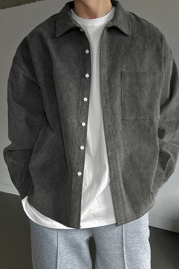 Erkek Gömlek Fitilli Kadife Oversize Gömlek Yaka Cepli Uzun Kollu Ceket Gömlek-Füme