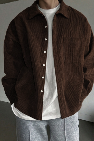 Erkek Gömlek Fitilli Kadife Oversize Gömlek Yaka Cepli Uzun Kollu Ceket Gömlek-Kahverengi