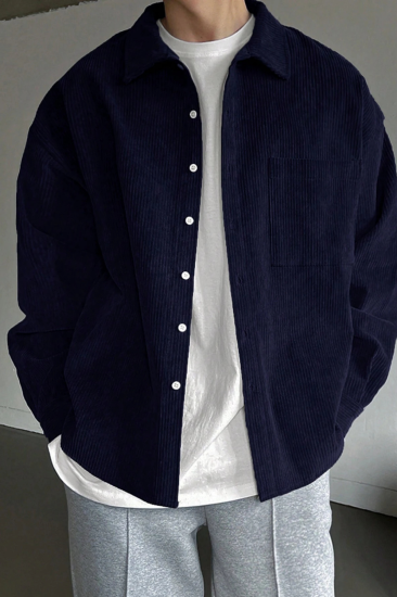 Erkek Gömlek Fitilli Kadife Oversize Gömlek Yaka Cepli Uzun Kollu Ceket Gömlek-Lacivert