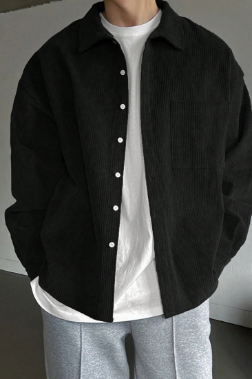 Erkek Gömlek Fitilli Kadife Oversize Gömlek Yaka Cepli Uzun Kollu Ceket Gömlek-Siyah