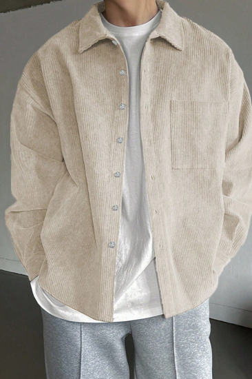 Erkek Gömlek Fitilli Kadife Oversize Gömlek Yaka Cepli Uzun Kollu Ceket Gömlek