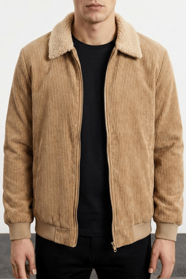 Erkek Kadife Mont Peluş Astarlı Gömlek Yaka Rüzgar Geçirmez Kadife Mont-Bej