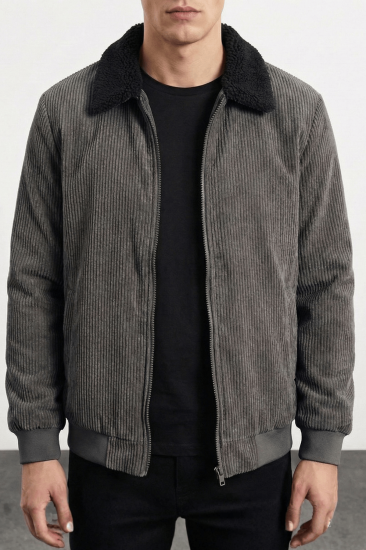 Erkek Kadife Mont Peluş Astarlı Gömlek Yaka Rüzgar Geçirmez Kadife Mont-Füme