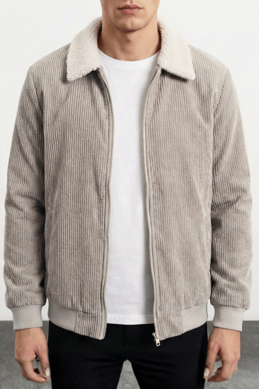 Erkek Kadife Mont Peluş Astarlı Gömlek Yaka Rüzgar Geçirmez Kadife Mont-Gri