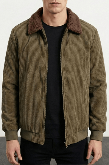 Erkek Kadife Mont Peluş Astarlı Gömlek Yaka Rüzgar Geçirmez Kadife Mont-Haki