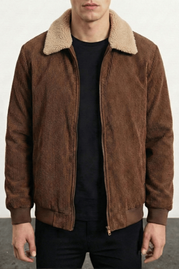 Erkek Kadife Mont Peluş Astarlı Gömlek Yaka Rüzgar Geçirmez Kadife Mont-Kahverengi