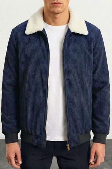 Erkek Kadife Mont Peluş Astarlı Gömlek Yaka Rüzgar Geçirmez Kadife Mont-Lacivert