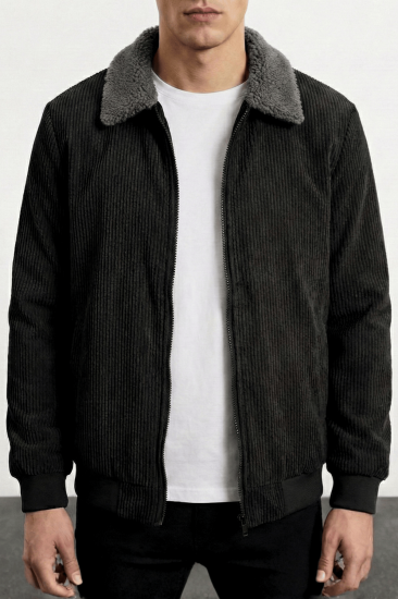 Erkek Kadife Mont Peluş Astarlı Gömlek Yaka Rüzgar Geçirmez Kadife Mont-Siyah