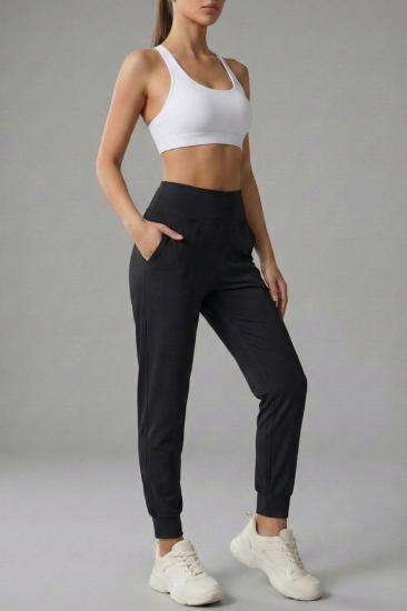 Kadın Eşofman Yüksek Bel Jogger Scuba Kumaş Cepli Rahat Kesim Jogger Eşofman Altı-Siyah