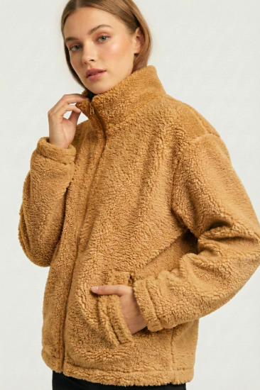Kadın Peluş Tam Fermuarlı Cepli Sherpa Kuzu Kumaş Oversize Peluş Polar Sweatshirt-Bej