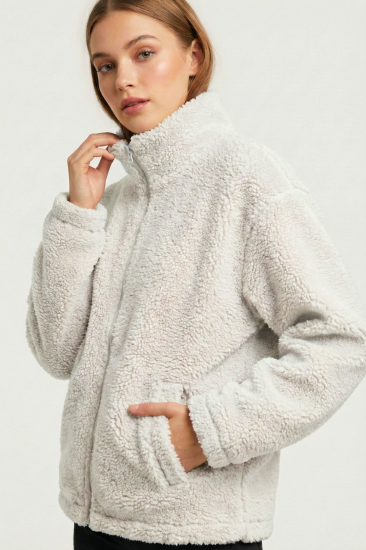 Kadın Peluş Tam Fermuarlı Cepli Sherpa Kuzu Kumaş Oversize Peluş Polar Sweatshirt-Ekru