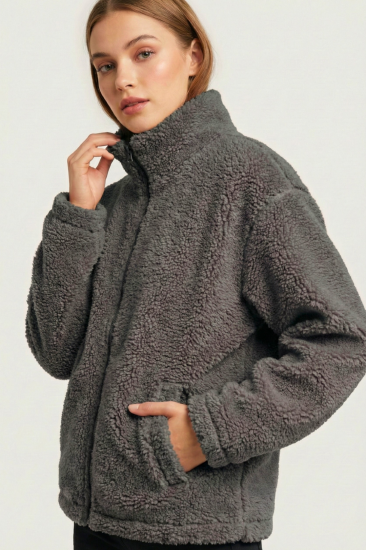 Kadın Peluş Tam Fermuarlı Cepli Sherpa Kuzu Kumaş Oversize Peluş Polar Sweatshirt-Füme