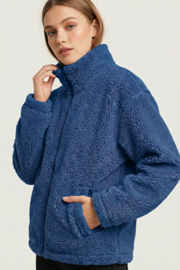 Kadın Peluş Tam Fermuarlı Cepli Sherpa Kuzu Kumaş Oversize Peluş Polar Sweatshirt-İndigo