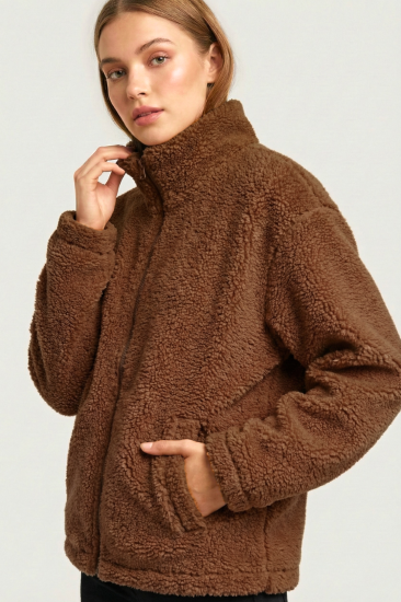 Kadın Peluş Tam Fermuarlı Cepli Sherpa Kuzu Kumaş Oversize Peluş Polar Sweatshirt-Kahverengi