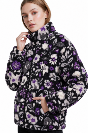 Kadın Peluş Tam Fermuarlı Cepli Sherpa Kuzu Kumaş Oversize Peluş Polar Sweatshirt-Mor